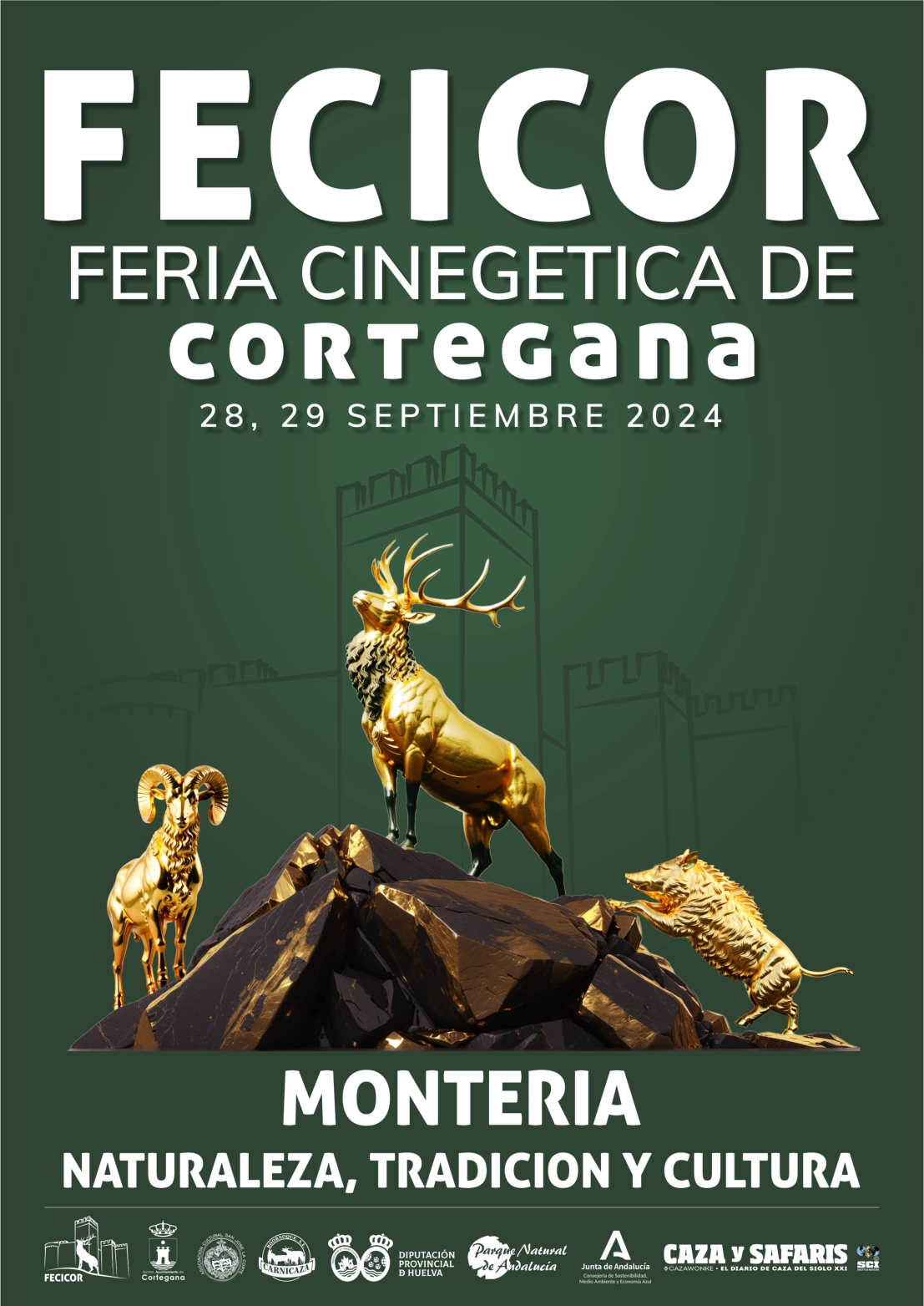 Cartel oficial de FECICOR, Feria Cinegética de Cortegana con escultura trofeo en oro