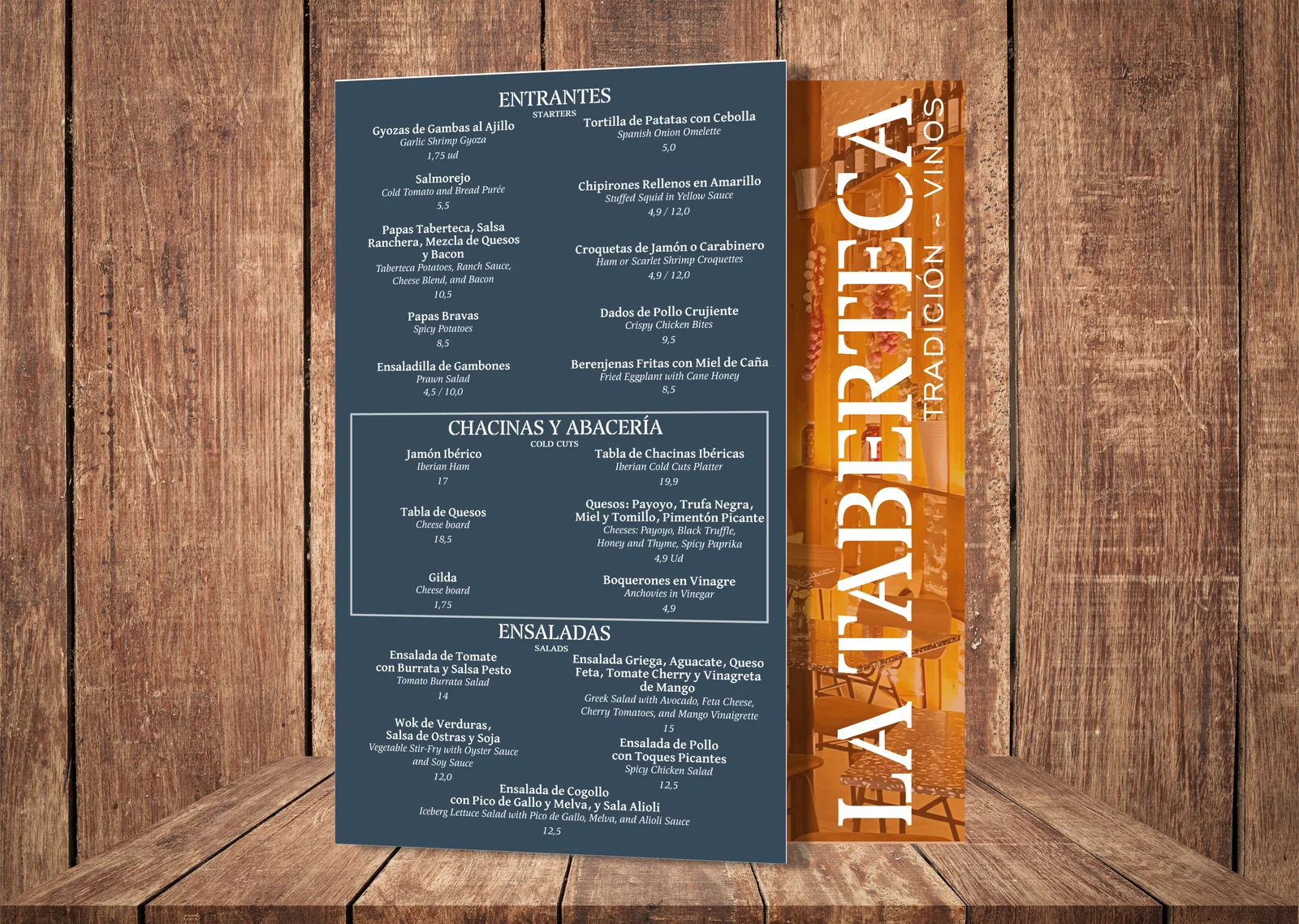 Carta de mesa para restaurante La Taberteca con formato asimétrico y solapa vista para resaltar la marca