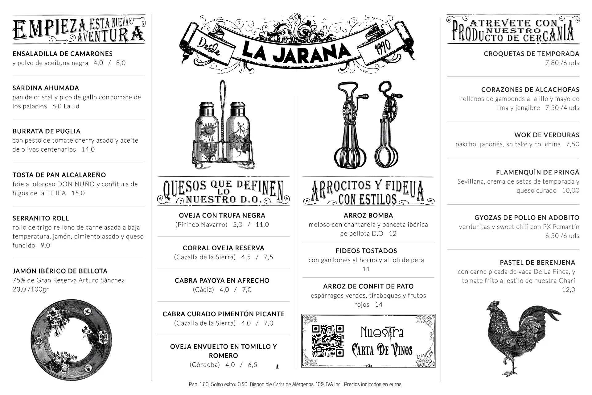 Carta editorial con grabados clásicos intervenidos para restaurante La Jarana